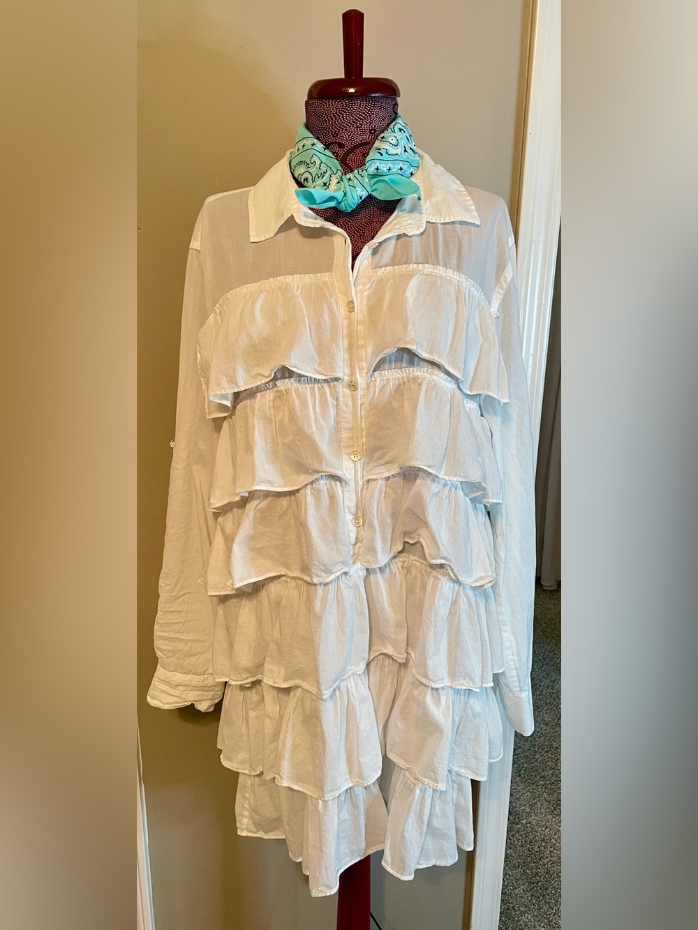 J. Crew White Tiered Ruffle Button-Down mini dress or tunic Top Sz Large